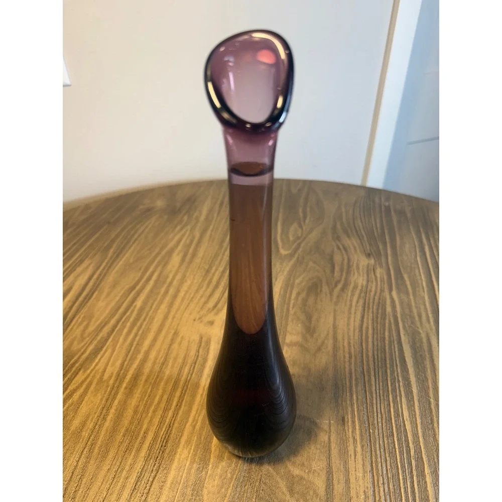 Vintage Mid Century Modern Amethyst Purple Swung Glass Bud Vase 11.25